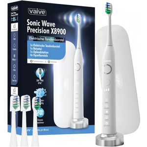 Vaive Sonic Wave Precision X8900 Elektrische Tandenborstel - 48000 VPM - 5 Standen, 3 Niveaus - 4 Borstelkoppen & Reisetui - Wit