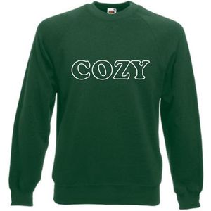Huissweater - Huistrui - Sweater - Groen - NEON BLAUW tekst COZY - ruimzittend - LARGE