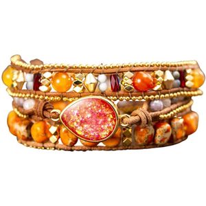 Marama - wikkelarmband Orange Drop - leer - edelsteen Opaal - verstelbaar - damesarmband