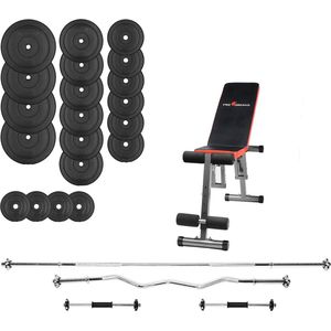 Gewichtenset inc. Halterbank + 90 kg Halterschijven + 2 Dumbell stangen 45cm + Curlstang 120cm