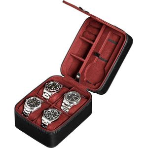 Horloge Organizer - Opbergkoffer voor 5 horloges - Duurzaam en draagbaar - Ritssluiting - Geschikt voor alle polshorloges - Tot 50 mm - Zwart Rood