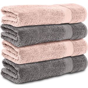 Komfortec handdoeken – Set van 4 - Badhanddoek 70x140 cm - 100% Katoen – Antracietgrijs&Roze