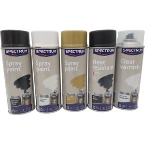 Spray paint set - verschillende kleuren spuitbussen - Spuitbus verf - Graffiti verf - Zwart/ wit/ goud/mat zwart/ transparant - Sneldrogende acrylaat lak voor ondergronden van hout, metaal, aluminium, glas, steen en kunststof - leuke set