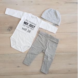 Baby cadeau geboorte unisex jongen of meisje Setje 3-delig newborn | maat 62-68 | grijs mutsje en broekje en romper lange mouw wit met zwarte tekst als mama nee zegt zegt mijn tante wel ja | pakje | Kraamcadeau