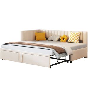 Merax L-vormige Slaapbank met Extra Uitschuifbaar Bed – 90 tot 180x200 cm – Beige Fluweel