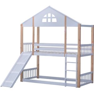 Merax Stapelbed 90x200 cm - Kinderbed - Huisbed met Uitvalbeveiliging - Bed met Glijbaan - Wit met Naturel Hout Bruin