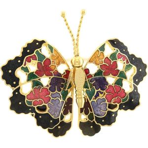 Behave® Broche vlinder met bloemen vleugels zwart - emaille sierspeld -  sjaalspeld