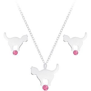 Joy|S - Zilveren kat poes hanger met ketting en oorbellen kristal roze set - voor kinderen