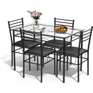 5-delige eettafelset, eettafel met glazen blad, eetset met gecapitonneerde stoel, keukentafel met 4 stoelen, zitset voor eetkamer, keuken, ruimtebesparend