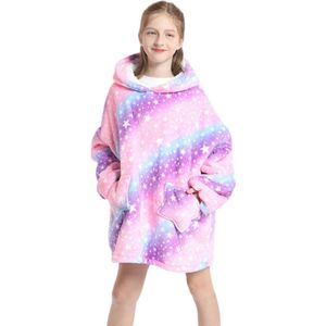 Oversized Deken Hoodie voor Kinderen en Tieners - Draagbare Sherpa Fleece Pullover met Zak - Paarse Regenboog (M/3XL)