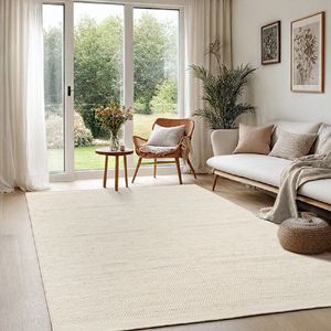 Karpet24 Handgeweven Wol Vloerkleed -Ø 160 cm Rond - Scandinavische Boho Stijl, Crème-Beige