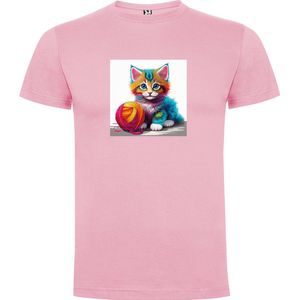 Zacht Roze T-Shirt met “ Kleurrijke Kitten met bol wol“ Print Full Color maat 152 11/12 jaar