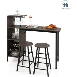 LifeStages - Barmeubel - Barkast - Drankkast - Bartafel met Barkrukset - 2 Personen- Bartafelset met Houders voor Wijnglazen en Flessen - Bruin Vintage