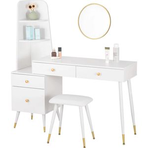 SureDeal® - Make up Tafel - 4 Lades - Bureau - Kast - Met Kruk - 100x40x136.5 cm - Goud - Kaptafel - Organizer - Bureau - Cadeau voor Vrouw