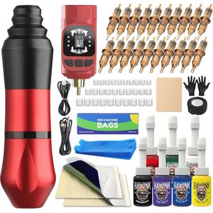Draadloze Tattoo Kit met LCD Digitaal En 7 Inkten - 1600 mAh Lithium Batterij