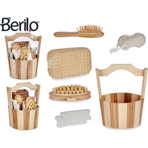 Berilo - 6 in 1 Bamboe BadSet - Klein Sauna Emmer - Dry Brush - Badborstel - Voet/Eelt Vijl - Anti-Cellulitis - Haarborstel - Scrub Spons - Duurzaam Bamboe