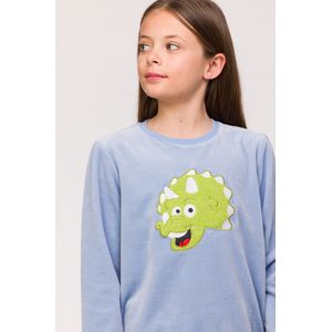 Woody pyjama meisjes/dames velours - lichtblauw - dino - 242-10-PDV-V/828 - maat 128