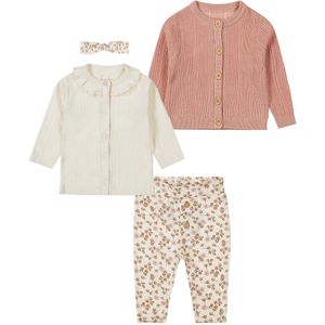 Dirkje - Basic Collection - BIO COTTON - Vest Dusty Pink - Broekje met bloemetjes - Shirt Offwhite met voorsluiting - Haarbandje -1 paar sokjes - Maat 68