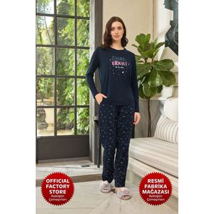 Aydogan - Pyjama dames - katoen - dames huispak - Pyama dames volwassenen - Donkerblauw- Maat M