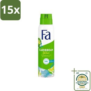 15 x Fa - Caribbean Wave - Deodorant Spray - Lemon - 150 ml - Grootverpakking - Deodorant Spray - Citroengeur - Frisheid - Lichaamsgeur - Geurige Bescherming