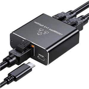 1 in 2 RJ45 Ethernet-splitter - 1000 Mbps Gigabit Netwerksplitter voor pc-laptoprouter - Vrouw naar vrouw - Legering - Zwart