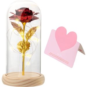 Liefdes Cadeau Rozen - Eeuwige Roos - Rood / Gouden Roos in glas stolp met LED Verlichting - Romantisch Cadeau voor vrouw, vriendin, haar, moeder - Verjaardag - Huwelijk - Kerst - Kunstbloemen - Moederdag Cadeautje