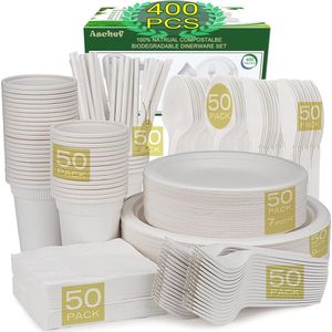 400 Stuks Wegwerpborden, Eco Wegwerp Bestek Servies Sets Biologisch Afbreekbaar Bagasse Kartonnen Papieren Borden Vorken Messen Lepels Kopjes Rietjes Servetten Voor Feest Kamperen 50 Persoon.