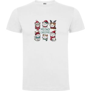 Wit T-Shirt met “Meowy Christmas - Kerst - Katten“ Print Full Color maat 104 / 3/4 jaar