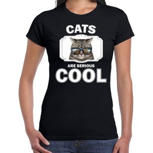 Dieren katten t-shirt zwart dames - cats are serious cool shirt - cadeau t-shirt coole poes/ katten liefhebber XS