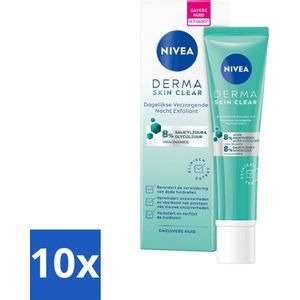10 x NIVEA - Nacht Exfoliant - DERMA Huidzuiver Dagelijkse Verzorging - Met Salicylzuur (AHA), Glycolzuur & Niacinamide - Tegen Acne & Mee-eters - 40 ml - Nacht Exfoliant - Acne Behandeling - Huidzuiver - Exfolieer - Salicylzuur