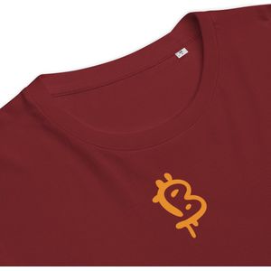 Bitcoin T-shirt - Painted Style Bitcoin Symbool - Unisex - 100% Biologisch Katoen - Bordeaux Rood - Maat S | Bitcoin cadeau| Bitcoin T-shirt| Bitcoin Shirt| Bitcoin Merch| Bitcoin Merchandise| Bitcoin Kleding| Crypto T-shirt