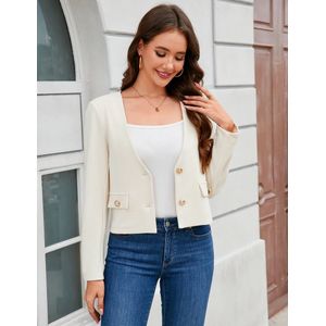 Dames Blazer Casual Lange Mouw Open Voorkant Blazer Jas met Knopen voor Werk Kantoor en Dagelijks Gebroken Wit L
