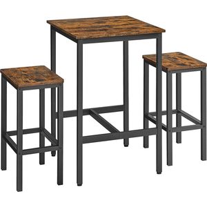 Bartafel met barkrukken set, eettafel met 2 stoelen, kleine keukentafel 60 x 60 x 90 cm, barkrukken 30 x 40 x 65 cm, voor eetkamer, keuken, industrieel design, vintage bruin-zwart LBT017B01