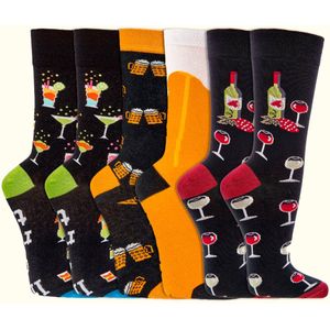 Dames sokken pakket 6 paar | maat 36-41 | Grappige sokken | Happy Socks printjes | Thema: Drinken | Drukvrije teennaden | ademend katoen