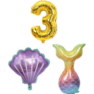 Zeemeermin - Feestversiering - Zeemeermin versiering - 3 jaar - Ballonnen - Cijferballonnen - Zeemeerminstraat - Schelp - Folieballon - Kleine Zeemeermin - Mermaid - Ballonnen - Verjaardag decoratie - Verjaardag versiering - Ballonnen goud