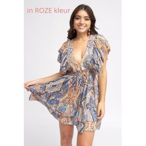 Handgemaakte boho korte mini jurk met v-hals en open rug - zijzakken - kleur ROZE maat 36-38