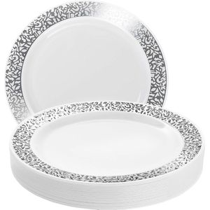 20 Witte Plastic Borden met Zilveren Rand (26cm), Feestbordjes voor Bruiloften, Verjaardagen, Dopen, Kerstmis & Feesten - Stevig en Herbruikbaar