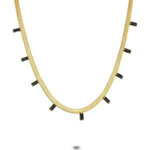 Twice As Nice Halsketting in goudkleurig edelstaal, platte slang, 9 rechthoekige zwarte zirkonia 40 cm+5 cm