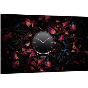 Forex - Zwarte Horloge tussen de Bloemen - 150x100cm Foto op Forex