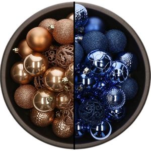 Bellatio Decorations Kerstballen mix - 74-delig - kobalt blauw en camel bruin - 6 cm - kunststof