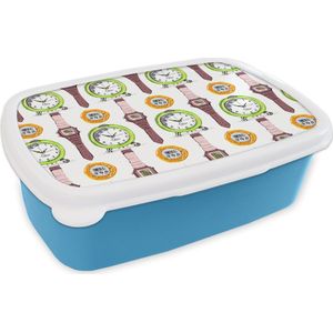 Broodtrommel Blauw - Lunchbox - Brooddoos - Wekker - Horloges - Stopwatch - Patronen - 18x12x6 cm - Kinderen - Jongen