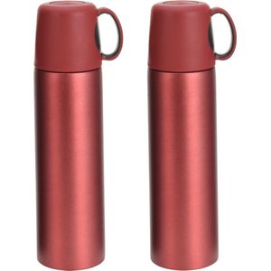 2x stuks RVS thermosflessen/isoleerflessen mat rood 500 ml met kunststof dop