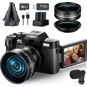NBD - Digitale Camera - 4K Compact Camera met Automatische Scherpstelling - 48MP Fotocamera voor Vloggen met 180° Kantelscherm - 16x Digitale Zoom - 32GB Kaart - 2 Batterijen