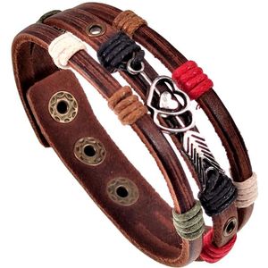 Armband Unisex - Houtkleurige Bruin Leer - Leder Armband met Dubbele Hart zilverkleurige - Multicolor-Veters