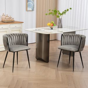 Sweiko Set van 2 Eetkamerstoelen, Modern Luxe Fluweel met Zwarte Metalen Poten, Elegant Handgeweven Ontwerp en Zachte Kussens voor Eetkamer, Woonkamer en Slaapkamer, Grijs