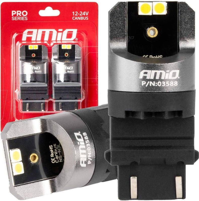 AMiO - LED CANBUS PRO serie 3157 P27/7W - Dagrijverlichting - Wit - 4x3030 SMD - 12/24V
