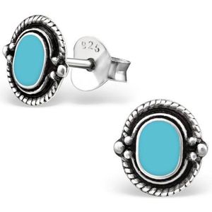Aramat jewels ® - Zilveren bali oorbellen antiek look ovaal blauw 8mm