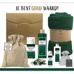 Geschenkset ""Je bent goud waard"" - 7 Producten - 1100 Gram | Cadeau Man - Luxe Cadeaubox voor hem - Cadeaupakket Fleece deken - Bedankt Cadeau - Gift Set Kerst Verjaardag Vaderdag Vrijwilliger Vriend Collega Vader Trainer - Kerstpakket Groen