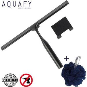 Aquafy Raamwisser Zwart - incl. Douchespons - Douchetrekker voor Badkamer - Raamwisser Douche - Douchewisser RVS - Luxe Trekker met Ophanghaak