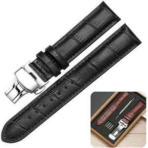 Qelus Universeel Horlogebandje Vintage - Echt Leer en Vlinder Sluiting (Makkelijk te Verwisselen) - Geschikt voor Smartwatches & Horloges - Verpakt in Cadeaudoos - Zwart - 22mm
